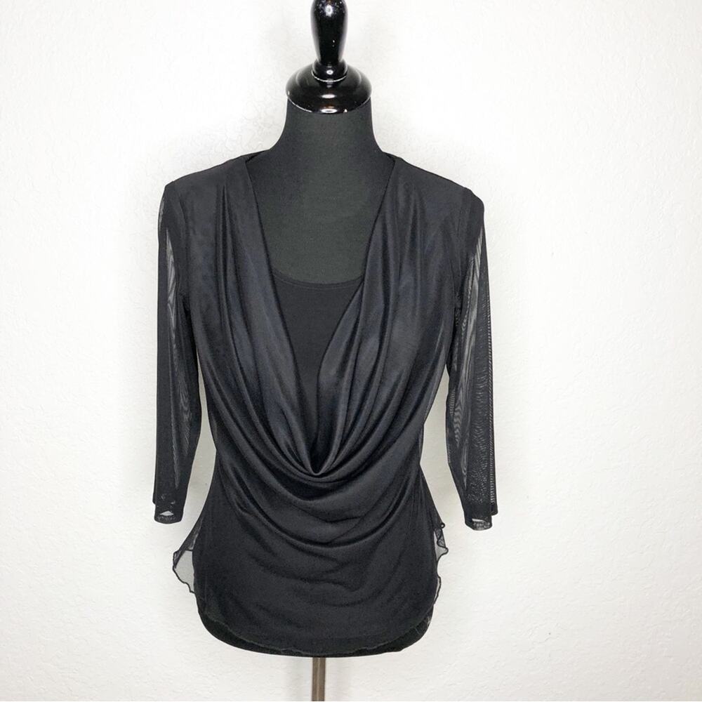 Frank Lyman Design black draped front mesh overlay top size 6